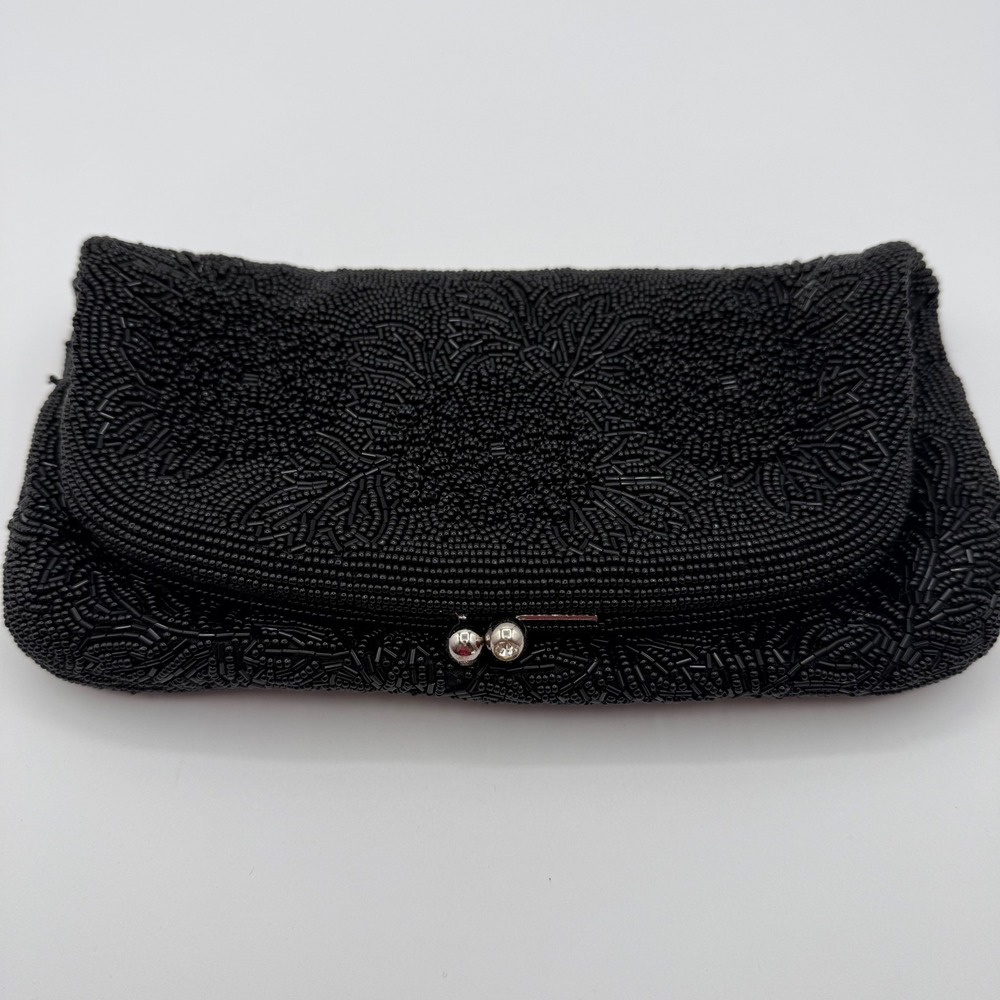 Vintage Black Beaded Floral Kiss Lock Evening Clutch Bag Formal Wedding Handbag